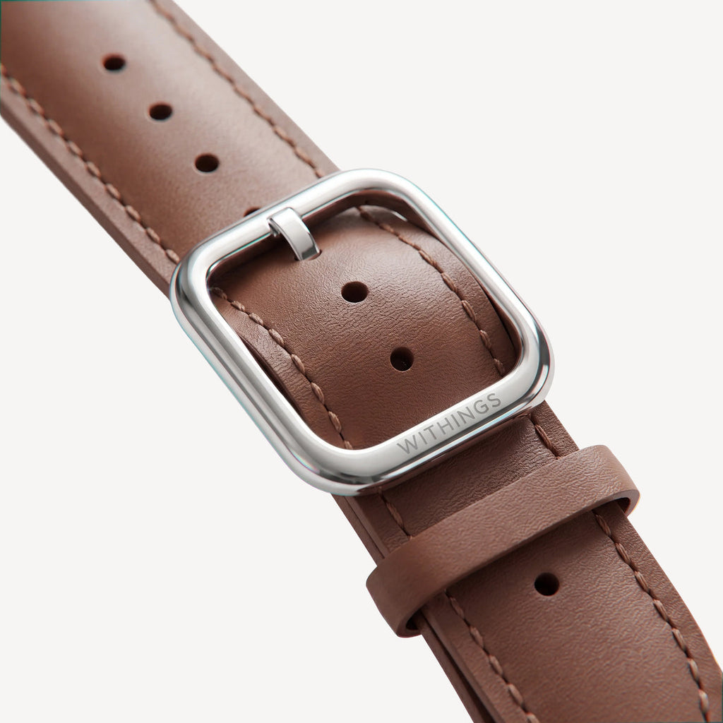 Bracelet en cuir incurvé marron foncé & argent