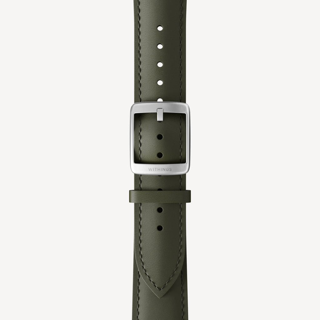 Bracelet en cuir incurvé vert kaki & argent